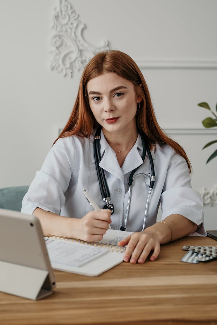 portfolio-03 Portrait of a young female doctor with stethoscope, taking notes at her desk with an electronic tablet.